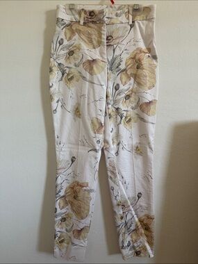 H&M Floral-Print High-Waist Women’s Pants in Cream and Yellow